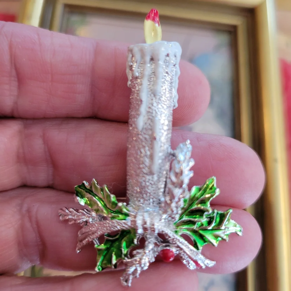 Vintage Gerry's Candlestick Brooch Duo ~ Silvertone ~ Pretty Christmas Pins